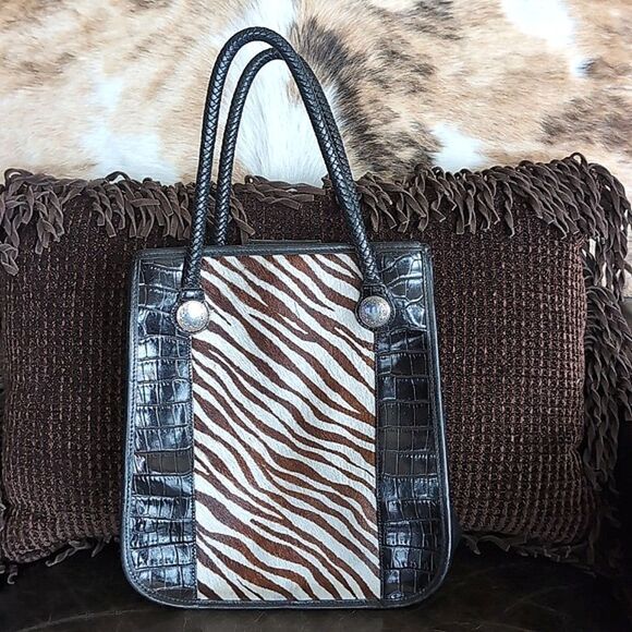 Brighton Handbags - Vintage Brighten Hair on Hide Zebra and Croc Print with Silver Grommets Tote Bag